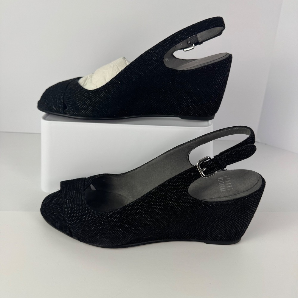 Stuart Weitzman Womens Black Textured Peep Toe Wedge Slingback Shoes Size 10 M